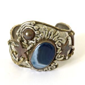 Brutalist Blue Agate Celestial Silvertone Copper Brass Wide Cuff Bracelet Mexico